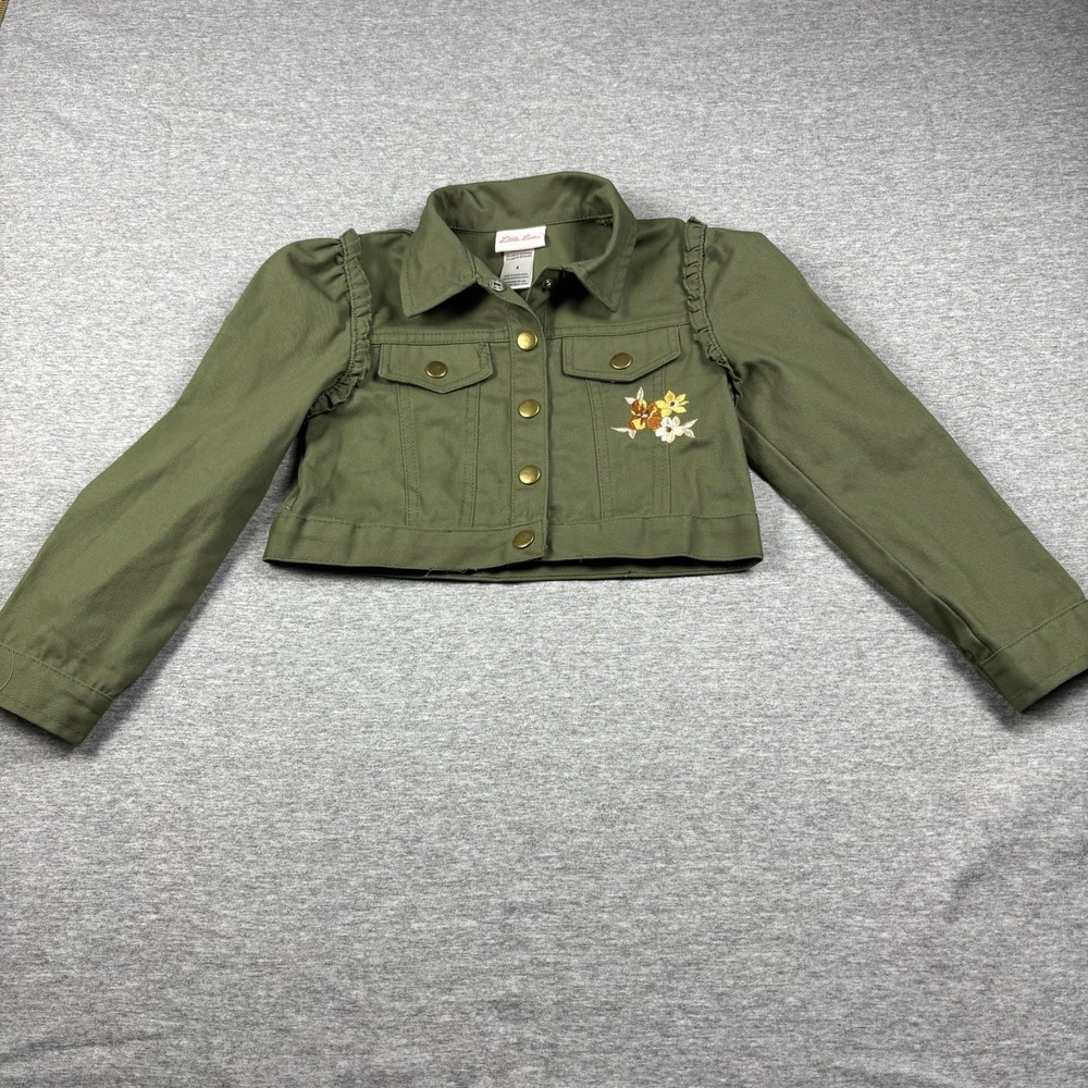 Little Lass Olive Green Cropped Jacket Girls Size 6 Boho Floral Embroidery‎